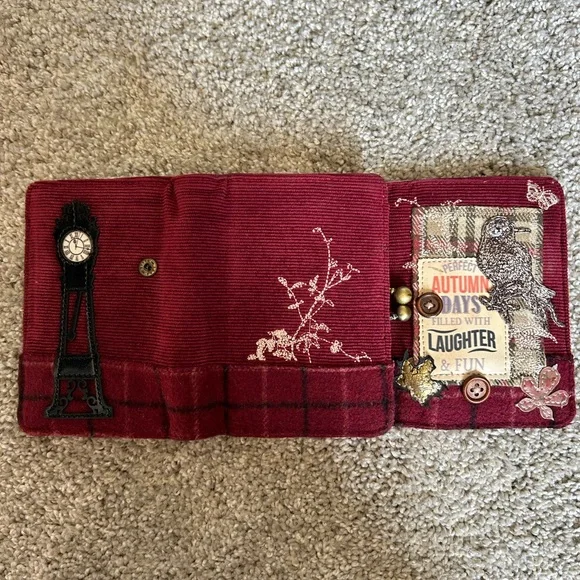 Vendula London Autumn Burgundy Fabric trifold Wallet Bird Patch & coin purse - Picture 9 of 11